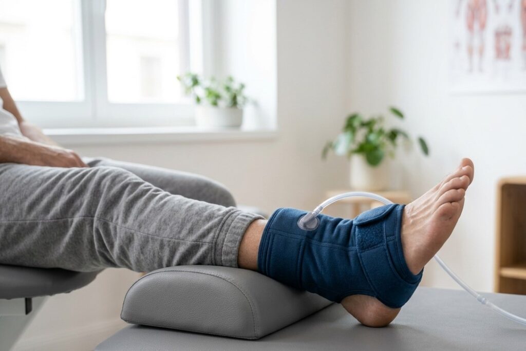 Crioterapia compressiva (criocompressione): cos'è e a cosa serve 3 Gamba con dispositivo di crioterapia