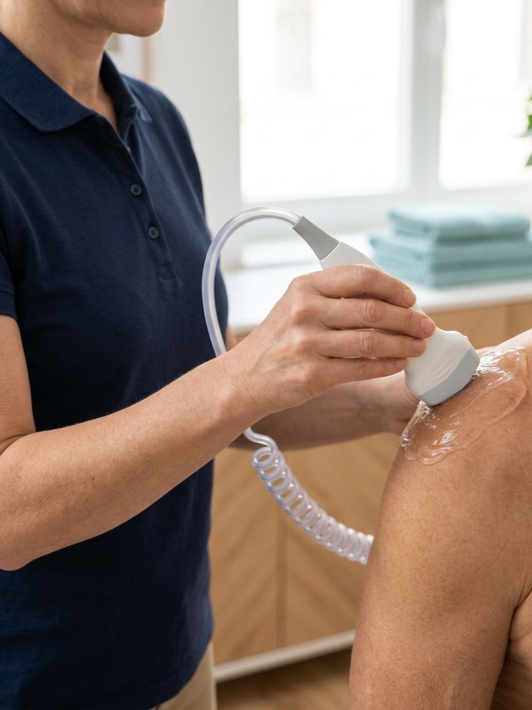 Ultrasuonoterapia a domicilio: applicazione del manipolo a ultrasuoni