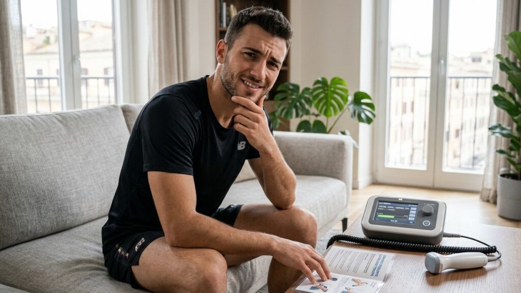 Giovane uomo con dispositivo medico a casa
